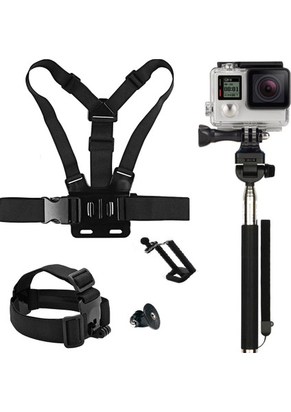 Aksiyon Kamera Ve Cep Telefonları İle Uyumlu Monopod Kafa Bandı, Göğüs Bandı Aksesuar Seti