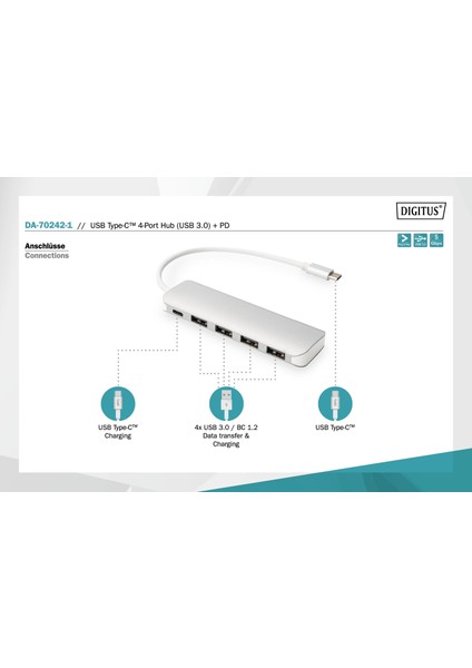 4 Port USB 3.0 Hub 4 x USB 3.0 USB-A Dişi Konnektör (USB Çevre Ürünü) 1 x USB Tip C Pd (Power Delivery) Port 1 x USB Tip C Erkek Port