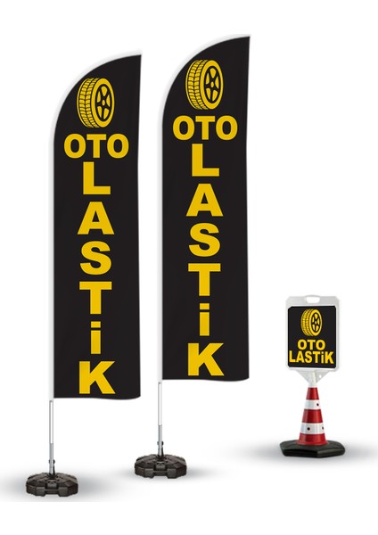 Oto Lastik Temalı 2 Adet Yelken Bayrak - 1 Adet Reklam Duba Paketi
