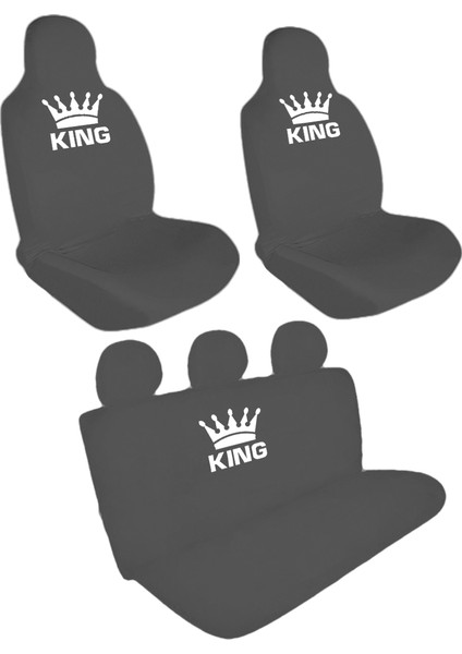 King (Kral Tacı) Logolu Ön-Arka Penye Oto Servis Kılıfı Gri