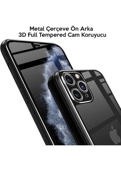 iPhone 11 Pro Metal Çerçeve Ön Arka 3D Full Tempered Cam Koruyucu AL-31758 Siyah