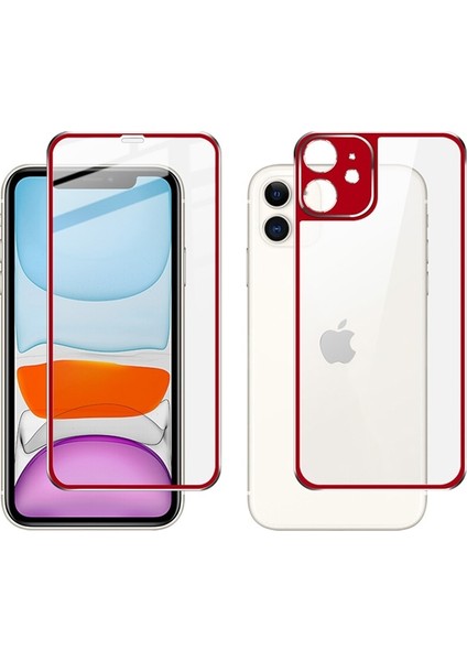 iPhone 11 Metal Çerçeve Ön Arka 3D Full Tempered Cam Koruyucu AL-31762 Kırmızı
