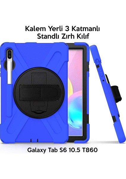 Sm Galaxy Tab S6 10.5 T860 Shockproof 3 Katmanlı Standlı Zırh Kılıf Kalem Yerli AL-31834 Mavi