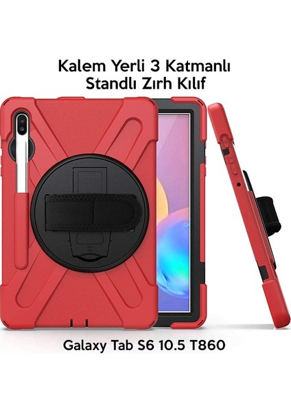 Sm Galaxy Tab S6 10.5 T860 Shockproof 3 Katmanlı Standlı Zırh Kılıf Kalem Yerli AL-31834 Kırmızı