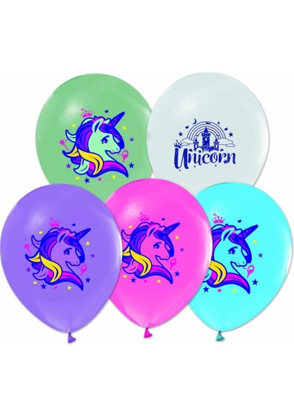 Balon Evi Unicorn Baskılı Pastel Renk Helyumla Uçan Balon 10 Adetli