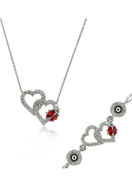 Gümüş Uğur Böcekli Kalp Set