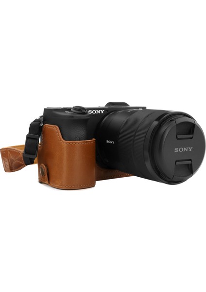 MG1809 Suni Deri Yarım Kamera Kılıf Sony Alpha A6600 ile Uyumlu (Tek Dip)