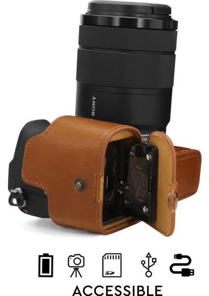 MG1809 Suni Deri Yarım Kamera Kılıf Sony Alpha A6600 ile Uyumlu (Tek Dip) fırsatları