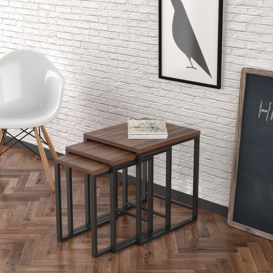 Evdemo Ela Metal 3�lü Zigon Sehpa Ceviz Fiyatı Taksit Seçenekleri