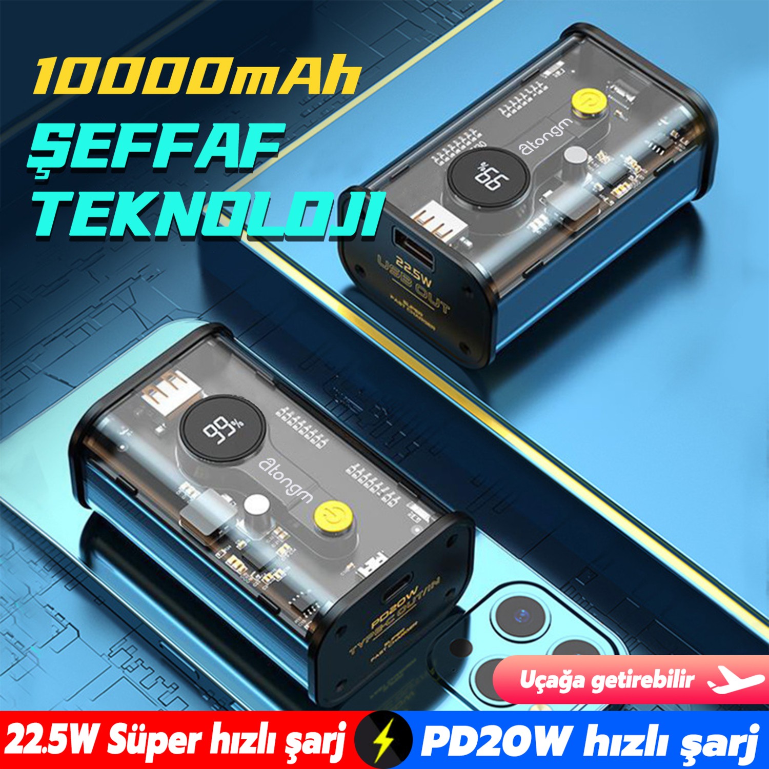 Atongm 22.5W/PD Hızlı Şarj 10000MAH Power Bank Şeffaf Fiyatı