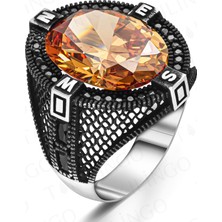 Takılingo 925 Ayar Gümüş Pusula Motifli Sarı Şampanya Taşlı Erkek Yüzük