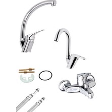 Alecra Kuğu ve Baston Borulu 3’lü Set Banyo - Mutfak ve Lavabo Musluğu Çeşmesi Bataryası Kaliteli Pirinç Gövde Krom Kaplama