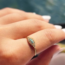 Fasek Gold Gümüş Yüzük - Minimal Mekik Signity Swaroski Firuze Taşlı Fantezi Şans 925 Ayar Gümüş Tasarım Yüzük