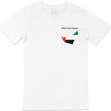 Cix Arap Emirlikleri Haritalı ve Bayraklı Cep Logo Tasarımlı Beyaz Tişört