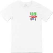 Cix Kırmızı Gamer Never Die Cep Logo Tasarımlı Beyaz Tişört
