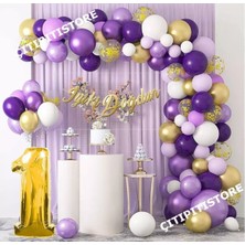Çıtı Pıtı Store 1 Yaş Macaron Mor Balon Zinciri Seti Gölge Mor Altın Balon Dekorasyon