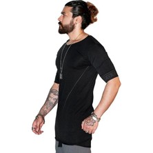 Capotrio Erkek Bohem Kısa Kol Uzun T-Shirt Siyah