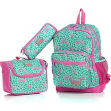 Coral High 23712 Su Yeşili Pembe Flamingo Desenli Dört Bölmeli 3' Lü Okul Çantası Seti