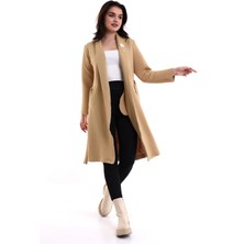 Modaness Kadın Jakarlı Örme Bej Kimono Ceket