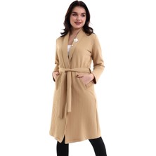 Modaness Kadın Jakarlı Örme Bej Kimono Ceket