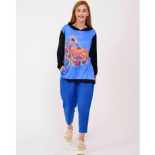 Butik Ayseba Park Moda Kadın Mavi Flamingo Kapüşonlu Sweatshirt Bluz