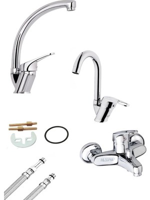 Alecra Kuğu ve Baston Borulu 3’lü Set Banyo - Mutfak ve Lavabo Musluğu Çeşmesi Bataryası Kaliteli Pirinç Gövde Krom Kaplama