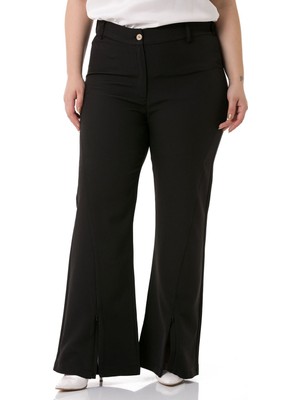 Disentis Modest Büyük Beden Paçası Fermuarlı Beli Arkadan Lastikli Siyah Pantolon