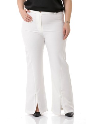 Disentis Modest Büyük Beden Paçası Fermuarlı Beli Arkadan Lastikli Beyaz Pantolon