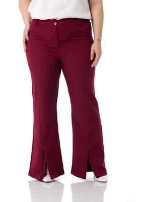 Disentis Modest Büyük Beden Paçası Fermuarlı Beli Arkadan Lastikli Bordo Pantolon