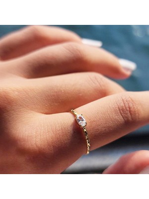 Fasek Gold Gümüş Yüzük - Minimal Oval Swaroski Taşlı Gümüş Yüzük-Oval Taşlı 925 Ayar Eskitme Tektaş Gümüş Yüzük