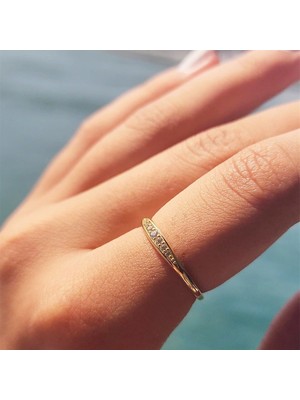 Fasek Gold Gümüş Yüzük - Minimal Badem Sıra Taşlı 925 Ayar Gümüş Alyans