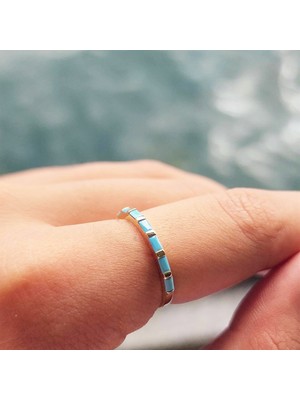 Fasek Gold Gümüş Yüzük - Firuze Taşlı Sıralı Baget Modern 925 Ayar Gümüş Alyans-Modern Eklem Yüzüğü