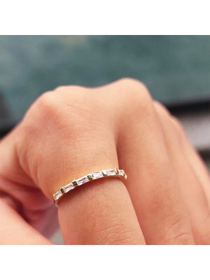Fasek Gold Gümüş Yüzük - Zirkon Taşlı Sıralı Baget Modern 925 Ayar Gümüş Alyans-Modern Eklem Yüzüğü