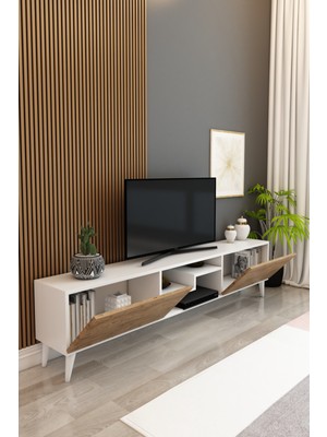 Izco Design Model Z Tv Ünitesi 150 cm Dekoratif Raflı Iki Kapaklı Tv Sehpası Beyaz-Antrasit Renk