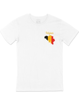 Cix Belçika Haritalı ve Bayraklı Cep Logo Tasarımlı Beyaz Tişört