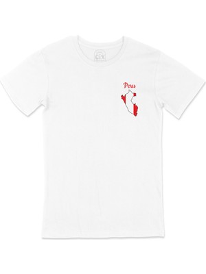 Cix Peru Haritalı ve Bayraklı Cep Logo Tasarımlı Beyaz Tişört