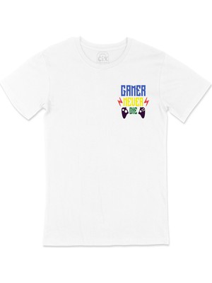 Cix Mavii Gamer Never Die Cep Logo Tasarımlı Beyaz Tişört