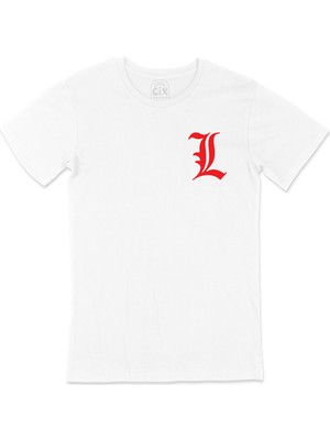 Cix Kırmızı Death Note L Logolu Cep Logo Tasarımlı Beyaz Tişört