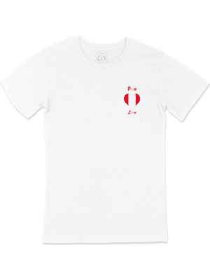 Cix Lima Peru Bayraklı Kalpli Cep Logo Tasarımlı Beyaz Tişört