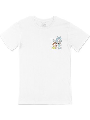Cix Rick And Morty Tasarımlı Cep Logo Tasarımlı Beyaz Tişört