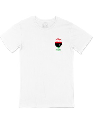 Cix Trablus Libya Bayraklı Kalpli Cep Logo Tasarımlı Beyaz Tişört