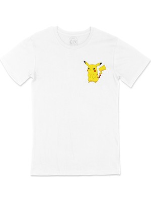 Cix Utangaç Pikachu Cep Logo Tasarımlı Beyaz Tişört