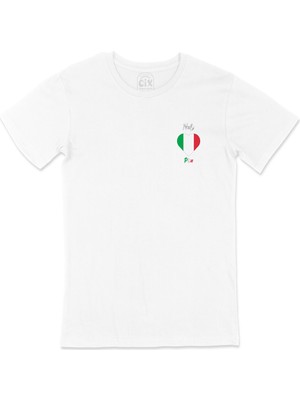 Cix Pisa Italya Bayraklı Kalpli Cep Logo Tasarımlı Beyaz Tişört