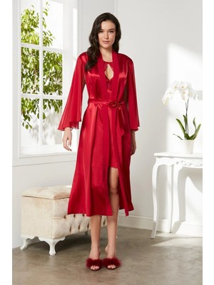 Pierre Cardin Saten Dantelli Gecelik ve Sabahlık Takımı 4375 Kırmızı