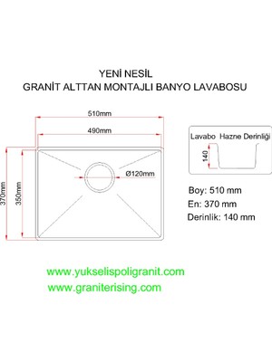 Granite Rising Granit Banyo Lavabo Eviyesi - Beyaz Renk - 51 x 37 cm