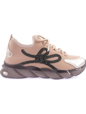 DGN 218 Kadin Strech Detayli Silver Taşli  Bağcikli Sneakers Ayakkabi