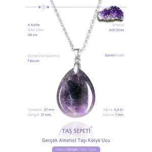 Taş Sepeti Gerçek Ametist Doğal Taşı Damla Model Zincirli Kolye Ucu