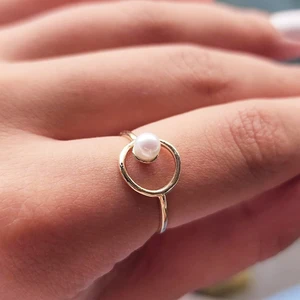 Fasek Gold Gümüş Yüzük - Halka İncili Modern Tasarım 925 Ayar Gümüş Eklem Yüzüğü