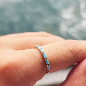 Fasek Gold Gümüş Yüzük - Firuze Taşlı Sıralı Baget Modern 925 Ayar Gümüş Alyans-Modern Eklem Yüzüğü