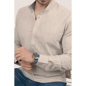 Bej Hakim Yaka Keten Üç Düğmeli Erkek Gömlek